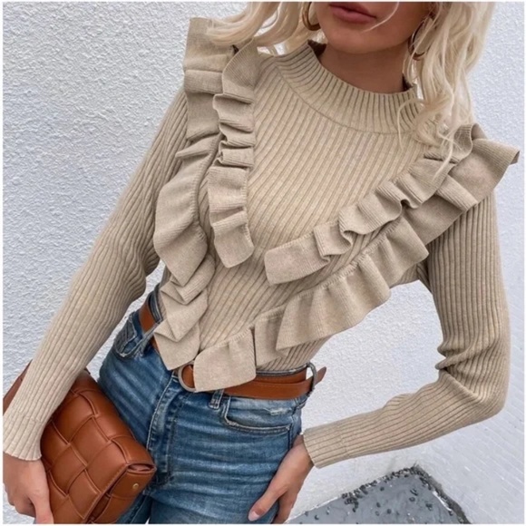 Navy Blue Ruffle Detail Fitted Knit Sweater Top - Picture 6 of 7